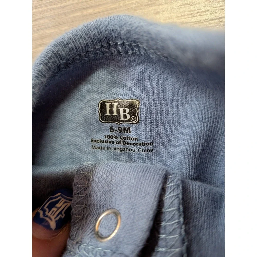 HB Baby Boy Blue Cotton Long Sleeve Henley Romper Graphic 6-9 Months